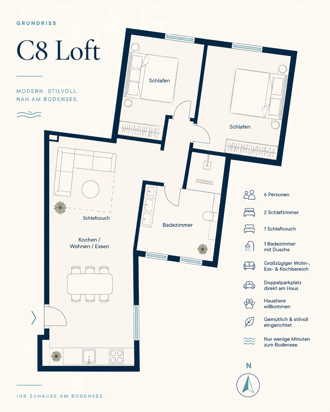 Grundriss C8 Loft mit zwei Schlafzimmern, offenem Wohn-Ess-Kochbereich, Schlafcouch und Badezimmer